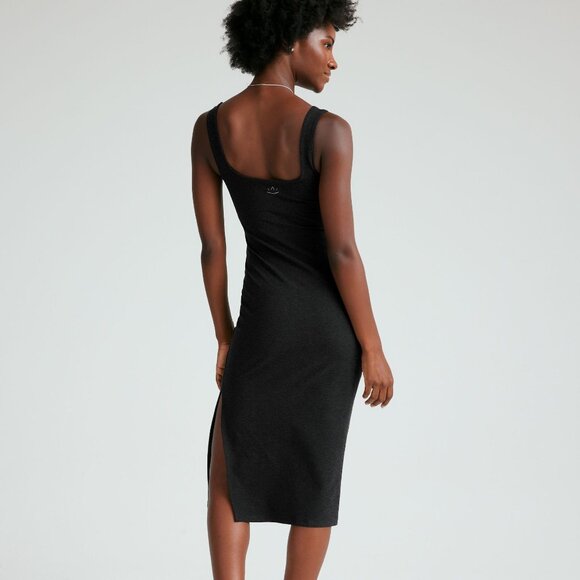 Beyond Yoga Spacedye Icon Midi Dress Sz L Black Square Neck Built In Bra Stretch - Picture 6 of 9